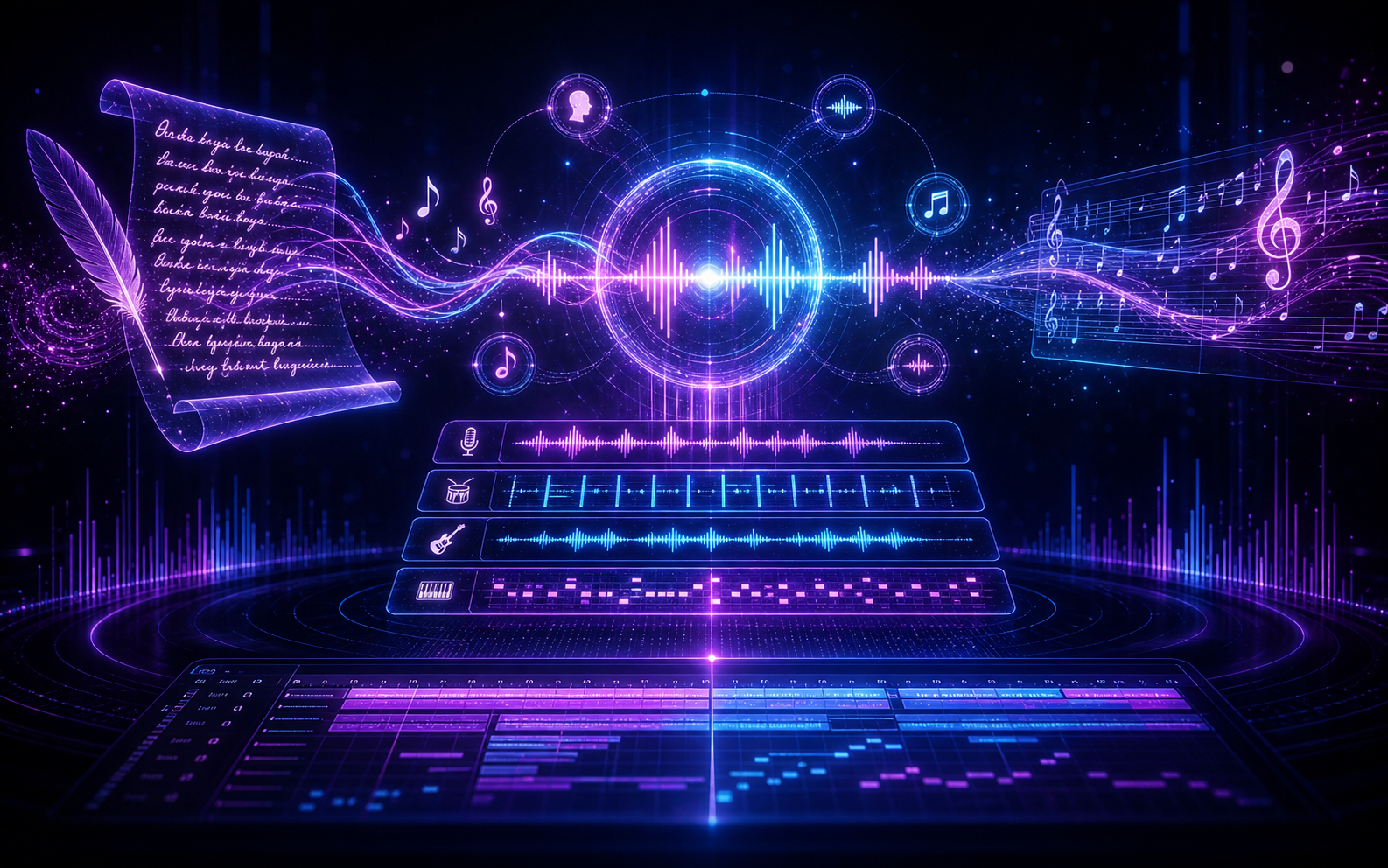 Illustration of written lyrics turning into glowing music waves and melody lines