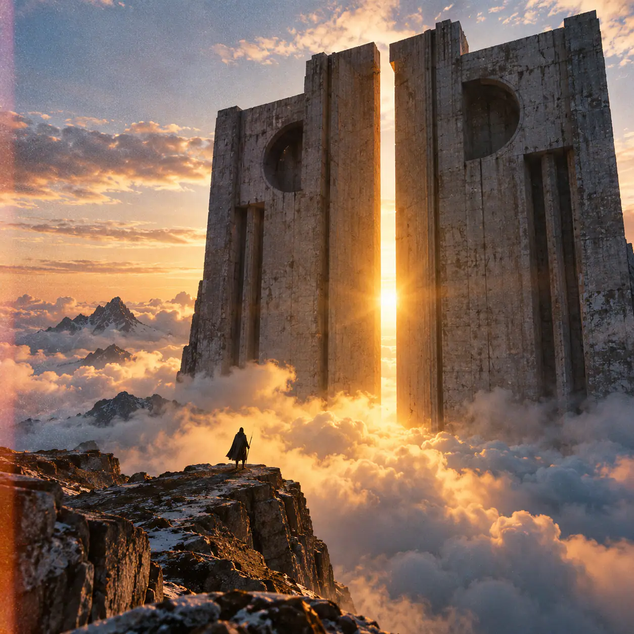Towering stone gateway above the clouds with golden sunrise shining through