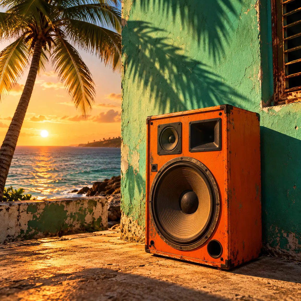 Orange vintage speaker beside a turquoise wall and palm-lined beach at sunset