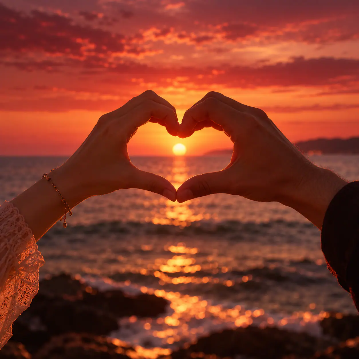 Two hands forming a heart around the setting sun over the sea