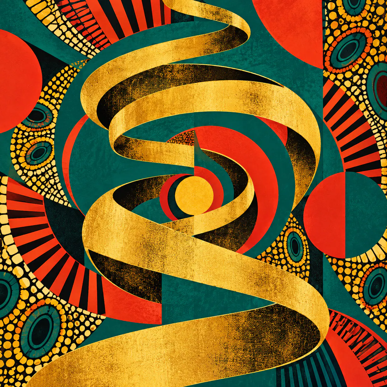 Golden spiral ribbon over teal and red geometric patterns