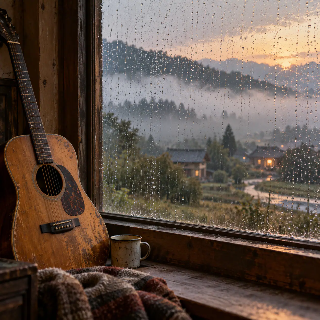 Acoustic guitar beside a rain-speckled window overlooking misty hills