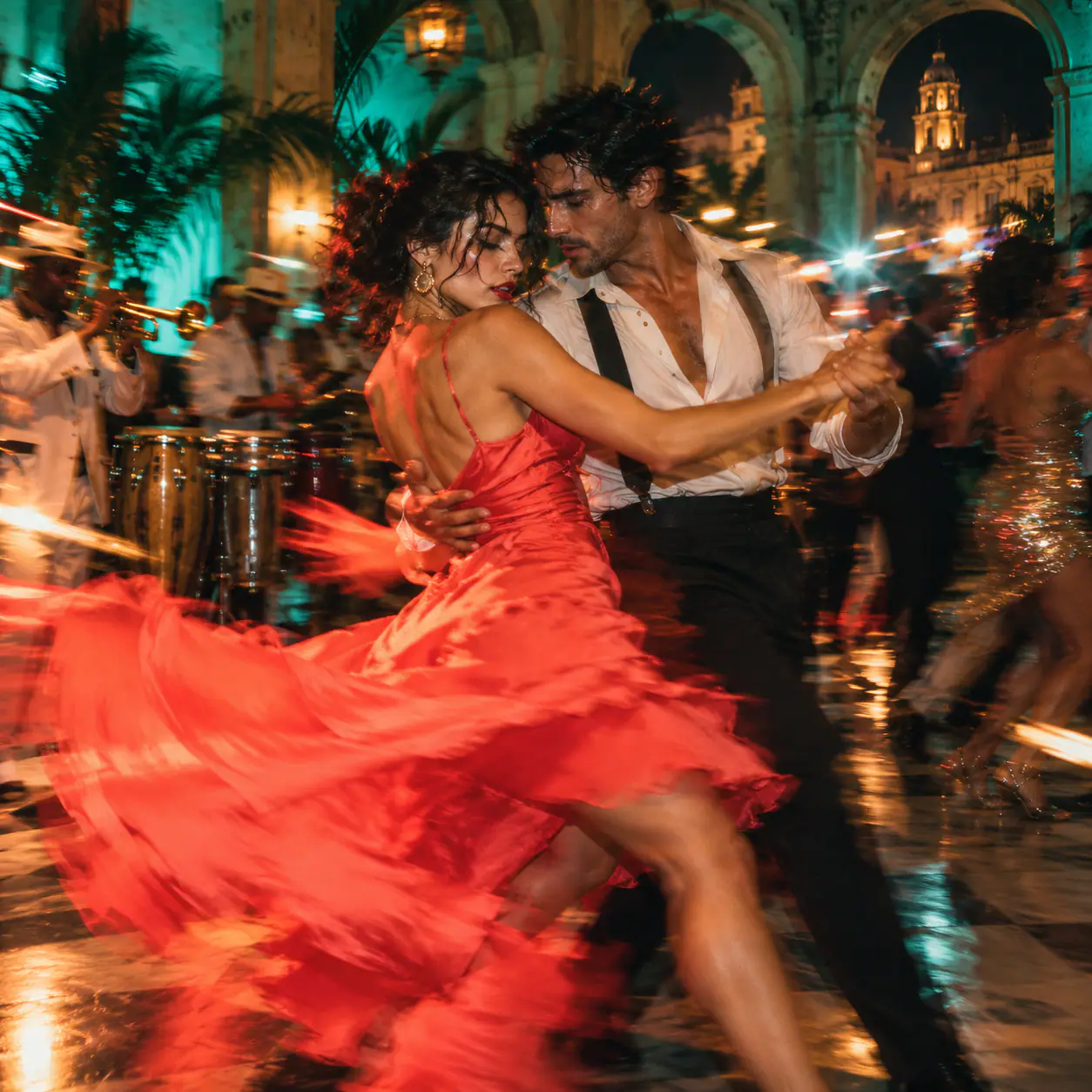 Couple dancing in a lantern-lit courtyard with a flowing coral-red dress