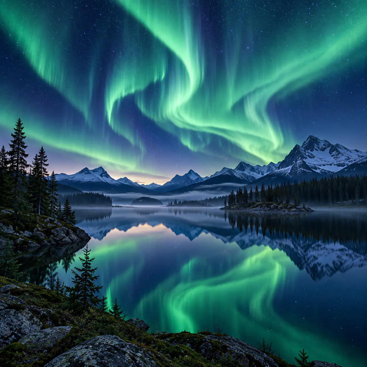 Green aurora reflected in a mountain lake beside a pine forest
