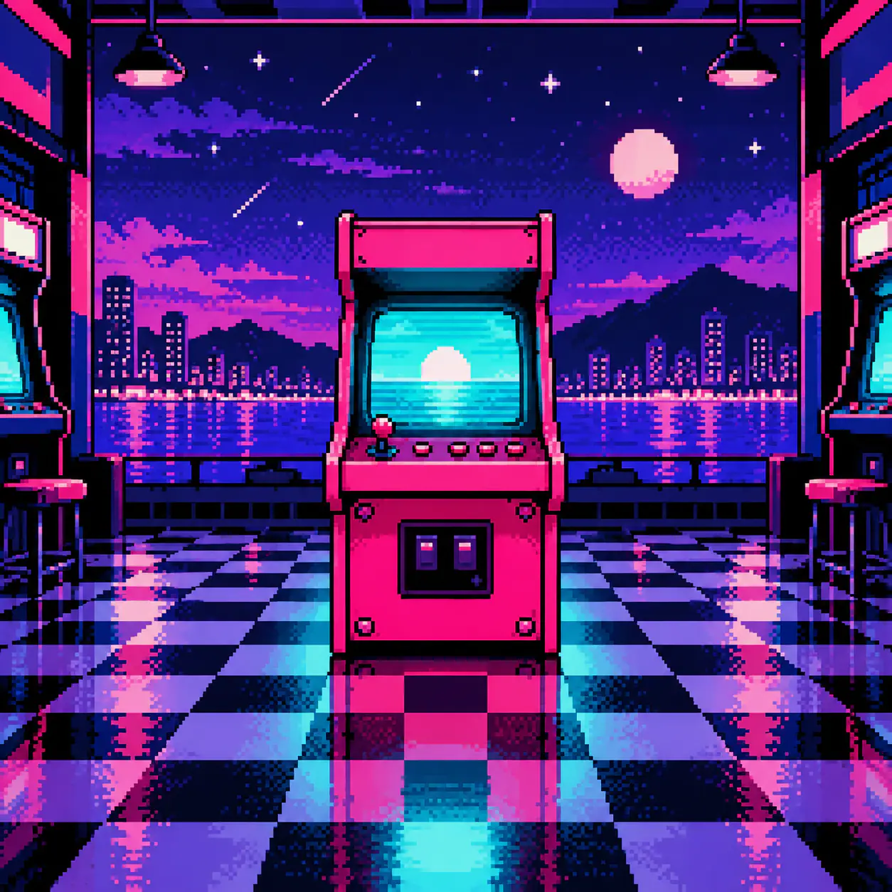 Pink pixel-art arcade cabinet glowing cyan on a checkered floor